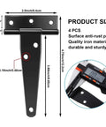 Six Piece 4 Inch T Hinge Set For Doors And Gates, Rust Proof Black Hardware with measurements and caliper detail