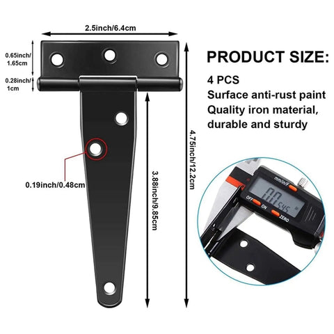 Six Piece 4 Inch T Hinge Set For Doors And Gates, Rust Proof Black Hardware with measurements and caliper detail