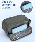 Mens Travel Toiletry Organizer Bag With Canvas And Leather Dopp Kit Water Resistant Shaving Case Wet Pocket For Damp Items Large Green Travel Essentials For On The Go showing wet pocket with towel