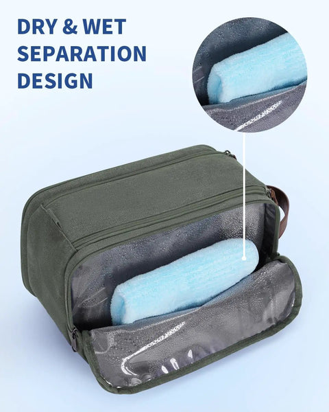 Mens Travel Toiletry Organizer Bag With Canvas And Leather Dopp Kit Water Resistant Shaving Case Wet Pocket For Damp Items Large Green Travel Essentials For On The Go showing wet pocket with towel
