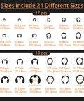 Chart showing 24 sizes in Heavy Duty 324 Piece Carbon Steel Retaining Ring Kit With 12 C Clips And 12 E Ring Sizes for fastening jobs