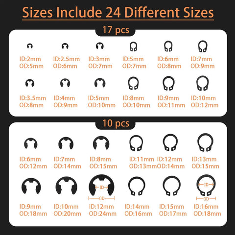 Chart showing 24 sizes in Heavy Duty 324 Piece Carbon Steel Retaining Ring Kit With 12 C Clips And 12 E Ring Sizes for fastening jobs