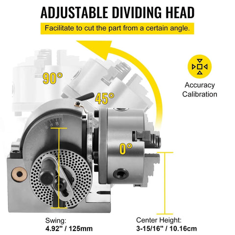 Precision Five Inch Three Jaw Semi Universal Dividing Head For Milling Machines, adjustable angle display, precision calibration guide.