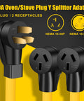 Heavy Duty 50 Amp Nema 10-50P To Dual 10-50R Y Splitter Cord for electric ranges, shown with gold prongs and black receptacles.