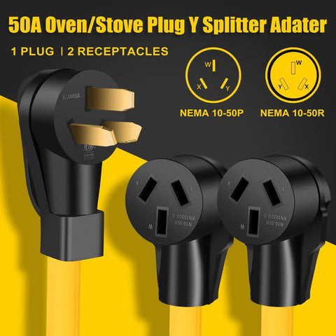 Heavy Duty 50 Amp Nema 10-50P To Dual 10-50R Y Splitter Cord for electric ranges, shown with gold prongs and black receptacles.