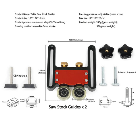 Two Piece Adjustable Table Saw Stock Guides Featuring Slick Aluminum Brackets And Dead On Urethane Rollers for precise cuts.