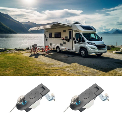Two Piece Flush Mount Trailer Access Door Latch Set With Push Button Cylinder Closure for paired baggage panels displayed