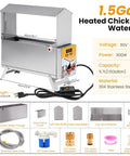 1.5 Gallon Heated Chicken Waterer featuring stainless steel construction and smart thermostatic knobs for winter hydration.