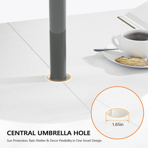 Top view of folding picnic table and bench set with wood grain plastic top showing central umbrella hole, 1.65 inches diameter.