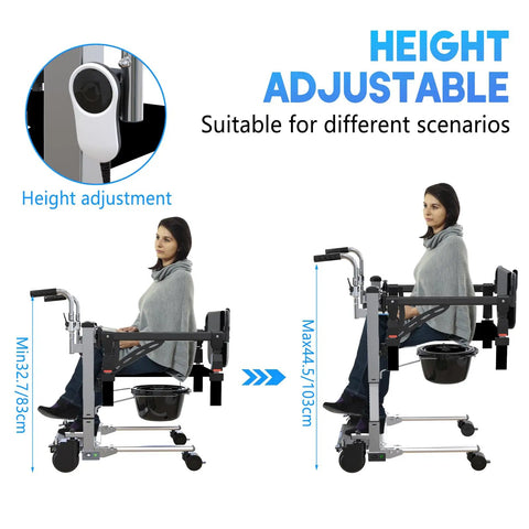 Rock Solid Workhorse Electric Patient Lift with Hardcore Stainless Steel Frame showing height adjustable feature for easy transfers.