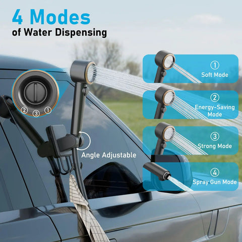 Portable Camping Shower With 8000mAh Rechargeable Battery 20L Collapsible Bucket LED Display IPX8 Waterproof Pump showing 4 spray modes