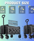 Foldable Utility Wagon With All Terrain Wheels And Brakes, Heavy Duty Cart Holds 360 Lbs, dimensions and features shown