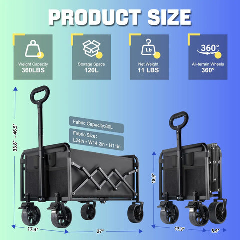 Foldable Utility Wagon With All Terrain Wheels And Brakes, Heavy Duty Cart Holds 360 Lbs, dimensions and features shown