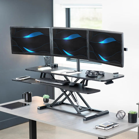 Height Adjustable 48 Inch Standing Desk Converter With Triple Monitor Mount For 21.5 To 27 Inch Screens Up To 15.4 Lbs Each, Black