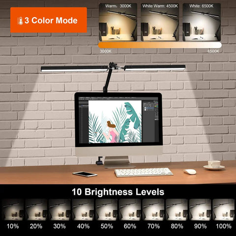 Clamp Desk Lamp LED 24W With Adjustable Color And Brightness Three Modes Eye Caring Light and rotating light bar above desk.