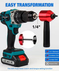 Heavy Duty Rivet Nut Tool Kit Compatible With Electric Drill And Ratchet Wrench Includes Twelve Precision Mandrels And Two Hundred Sixty Zinc Plated Insert Nuts For Bolting Up Quick Without Breaking A Sweat showing a cordless drill with a red adapter.