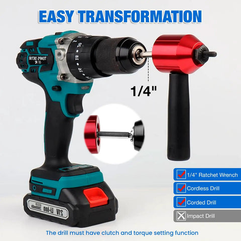 Heavy Duty Rivet Nut Tool Kit Compatible With Electric Drill And Ratchet Wrench Includes Twelve Precision Mandrels And Two Hundred Sixty Zinc Plated Insert Nuts For Bolting Up Quick Without Breaking A Sweat showing a cordless drill with a red adapter.