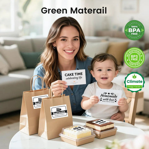 Mother and child holding logo stickers with paper bags and packaged food, labeled with 4x3 Inch Thermal Label Roll For Small Business.