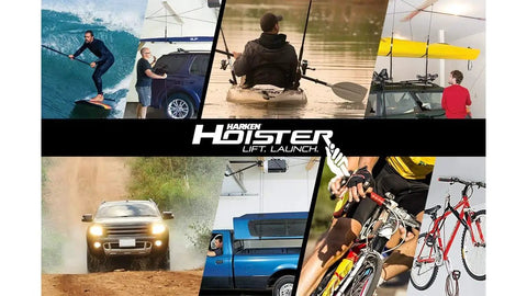 Overhead Garage Hoist System For Kayaks Canoes Boxes And More Heavy Duty 4 Point Hoist 145 Lb Capacity Fits 10 Ft Ceilings One Person Install Easy Setup With Illustrated Guide And Video, showcasing various uses including bicycles and canoes.