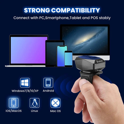 Ring Wearable 2D Barcode Scanner With USB Wired 2 4G Wireless And Bluetooth 3 In 1 Connection shown with compatible devices