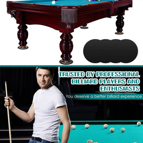 50 Pieces Billiard Pool Table Leg Shims Set 3 Inch Diameter Rubber Levelers Round Foot Pads 0.06 Inch Thick Non Slip Easy To Cut And Install Keeps Your Table Level And Stable On Any Surface on display with billiard table setup and player showcasing usage
