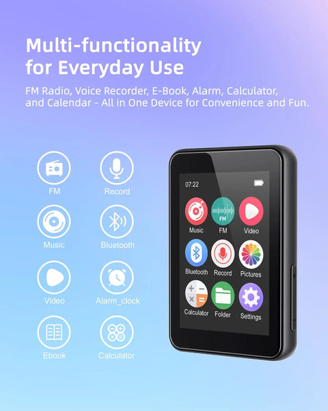 64GB Kid Friendly MP3 Player No WiFi, 2.4 Inch Portable Music Player For Kids showcasing multifunctional screen display.