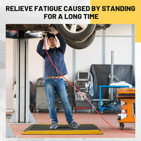 Mechanic standing on Heavy Duty Anti Fatigue Floor Mat 2x3 Ft Diamond Plate Vinyl Non Slip Ergonomic Standing Pad for Workshop