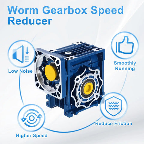 NMRV040 Beefy Worm Gearbox With High Torque Speed Reducer 5 To 1 Ratio, 18mm Output Shaft, Blue with Features Highlighted