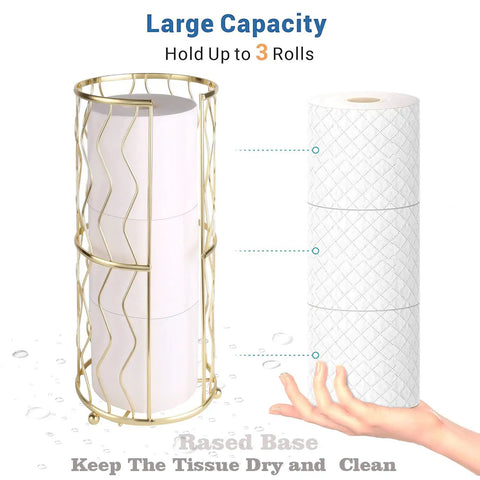 Gold Finish Standing Toilet Paper Holder With Three Roll Reserve showing large capacity and protective rased base.