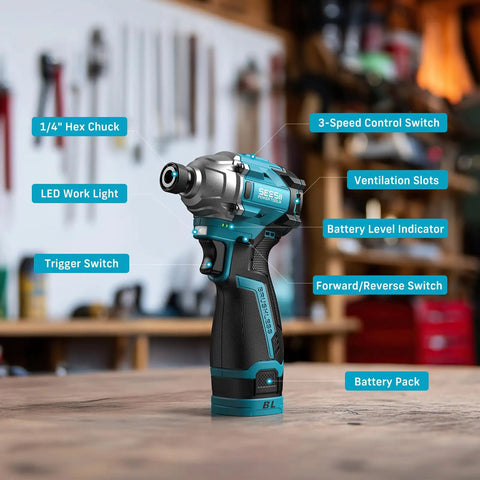 16.8V Cordless Brushless Impact Driver Kit with labels highlighting features in workshop