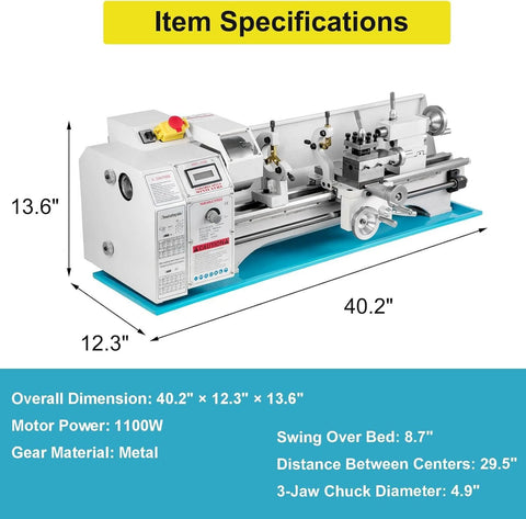 Front view of a benchtop mini metal lathe with a 3‑jaw chuck on a blue base and white housing
