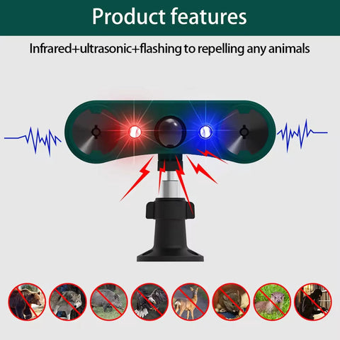 Solar Indoor Outdoor Motion Sensor Alarm With 129dB Siren Ultrasonic Security Alarm Four Modes Red And Blue Strobe Light Weatherproof Yard Garden Farm Guard No Fuss Setup 2 Pack, front view