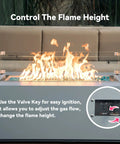 Fire Pit Spark Ignition Kit With Push Button Igniter Three Quarter Inch Ball Valve And Key Black Finish Compatible With Natural Gas Or Propane Burners Rated At Three Hundred Thousand BTU Battery Not Included, shown with flame height control instructions.