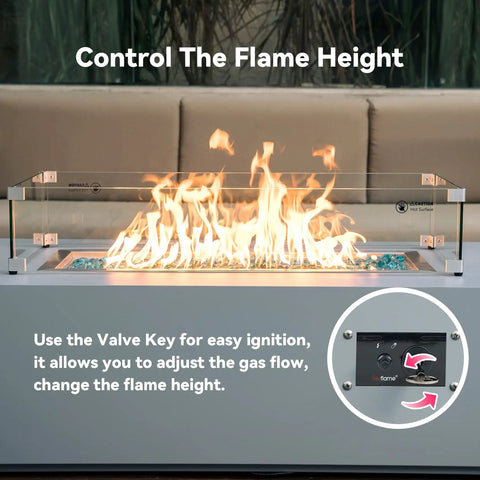 Fire Pit Spark Ignition Kit With Push Button Igniter Three Quarter Inch Ball Valve And Key Black Finish Compatible With Natural Gas Or Propane Burners Rated At Three Hundred Thousand BTU Battery Not Included, shown with flame height control instructions.