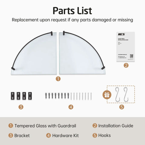 Parts list for Tempered Glass Corner Shelf With Rail Mount Two Pack No Fuss Rustproof Matte Black Stainless Steel 304 Wall Shelf 7mm Thick Glass