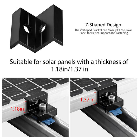20 Pcs Solar Panel End Clamps For Standard Unistrut Heavy Duty Aluminum Mounting Brackets 30mm 35mm With Nuts Bolts Solar Panel Mounting Kit For Metal Roof Tin Roof Flat Roof Sheet Roof And RV Black, showing Z-shaped black clamps for 1.18in and 1.37in panels.