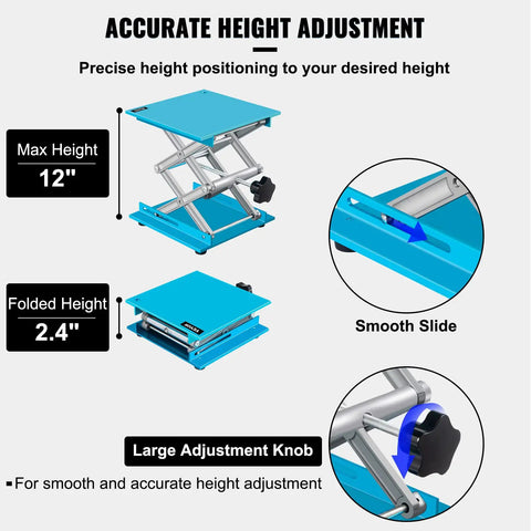 Illustration of Beefy Heavy Duty Aluminum Lab Jack Stand 8x8 Inch Lifting Platform 88 Lb Capacity with adjustable scissor lift