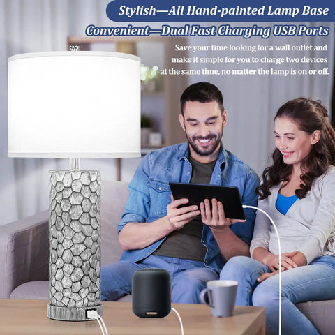 Rustic Farmhouse Table Lamps Set of 2 With Dual USB Charging Ports, 25 Inch Tall Bedside Nightstand Lights, White Fabric Shade, Perfect for Bedroom or Living Room, Bulbs Not Included