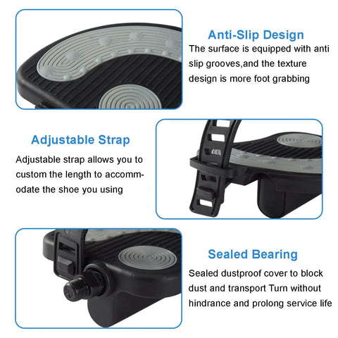Close-up of exercise bike pedals with adjustable straps, half inch thread, anti-slip design for stationary recumbent bikes in home gym.