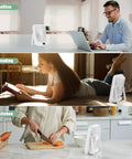Six Point Eight Inch Portable Personal Desk Fan With Rechargeable Battery shown in office, reading, and kitchen settings.