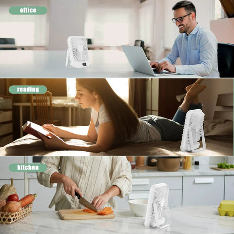 Six Point Eight Inch Portable Personal Desk Fan With Rechargeable Battery shown in office, reading, and kitchen settings.