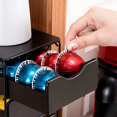 Hand accessing Three Tier Nespresso Vertuo Pod Drawer Holder Keeps 60 Pods Organized Space Saving Coffee Capsule Rack