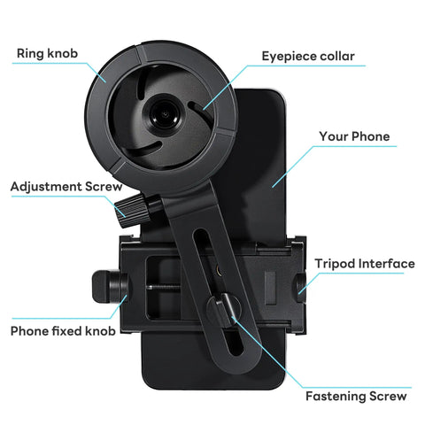 Universal Phone Scope Adapter with adjustable clamp, eyepiece collar, and phone fixed knob, fits most smartphones.