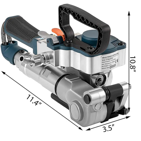 Top Rated Handheld Pneumatic Strapping Tool For Industrial Packaging Jobs with detailed dimensions and grip design.