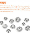 304 Stainless Steel Flange Nuts Assortment Kit 80 Piece Set 5 Sizes Serrated Hex Lock Nuts showing various sizes and details.
