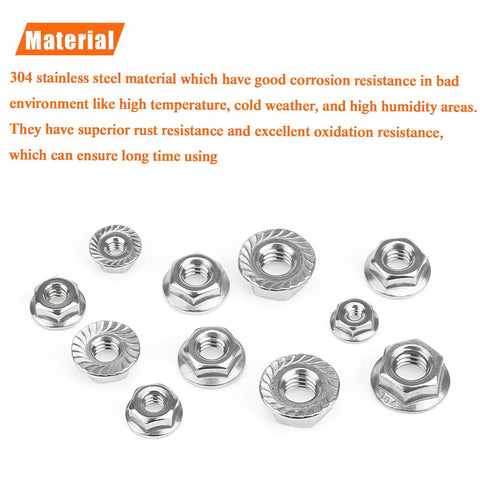 304 Stainless Steel Flange Nuts Assortment Kit 80 Piece Set 5 Sizes Serrated Hex Lock Nuts showing various sizes and details.