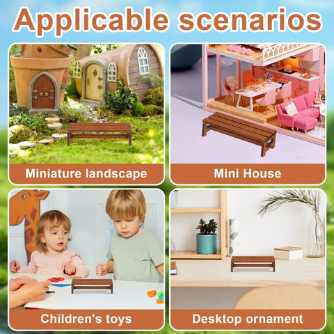 Two Pack Miniature Wooden Benches For Dollhouse Furniture And Fairy Garden Decor Realistic Retro Brown Wood Look Perfect Doll House Lawn Park And Garden Accessories Totally Cute Collectible Props in various setups including miniature landscape, mini house, children's toys, and desktop ornament.