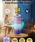 Portable Breast Milk Cooler With 24 Hour Surround Cooling Tech on table with woman working in background, BPA free.