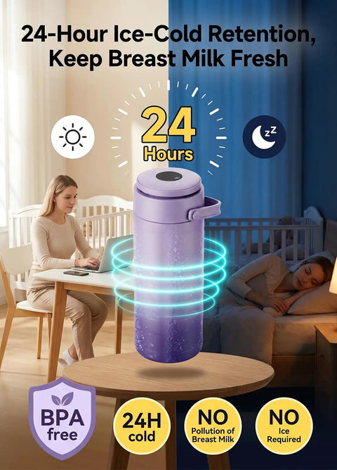 Portable Breast Milk Cooler With 24 Hour Surround Cooling Tech on table with woman working in background, BPA free.