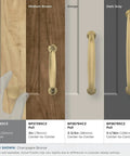 Comparison of 1-1/4in Champagne Bronze cabinet knob with pulls in various wood tones, showing size and finish differences.